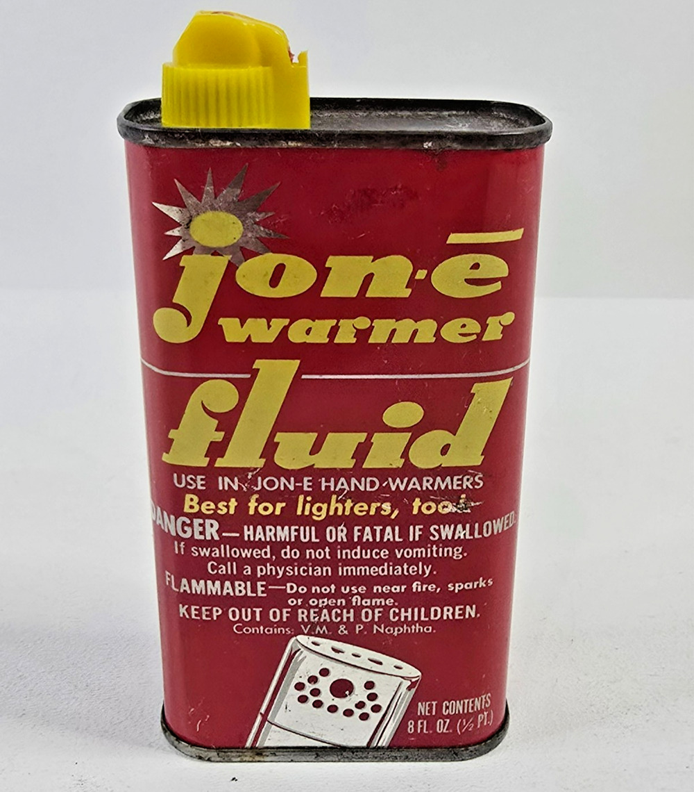 Vintage Jon-E Warmer Fluid Tin Advertising Can Hand Warmers